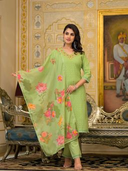 ISHIN - Zari Thread Work Green Cotton Schiffli Kurta Pants and Lace Dupatta (Set of 3)