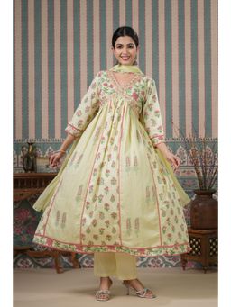 ISHIN - Floral Printed Yellow Cotton Anarkali with Paired Pants and Soft Dupatta (Set of 3)