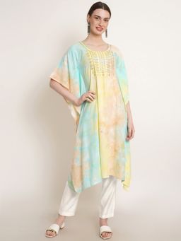 Maaesa - Pastel Yellow & Turquoise Tie Dye Embroidery Work Rayon Kaftan Kurta
