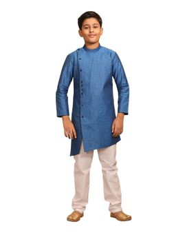 Manyavar - Boys Blue Blended Cotton Printed Kurta Pajama (set Of 2)
