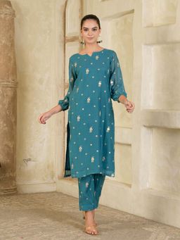 Maive - Teal Blue Embroidered Chanderi Kurta with Pant (Set of 2)