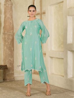 Maive - Mint Green Hand Embroidered Chanderi Kurta and Pant (Set of 2)