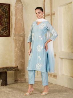 Maive - Sky Blue Hand Embroidered Chanderi Kurta with Pant and Dupatta (Set of 3)