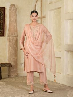 Maive - Mauve Hand Embroidered Chanderi Kurta with Pant and Dupatta (Set of 3)