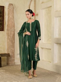 Maive - Dark Green Embroidered Chanderi Kurta with Pant and Dupatta (Set of 3)