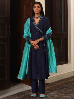 NUHH - Midnight Grace Embellished Khadi Angarkha with Pant and Dupatta (Set of 3)