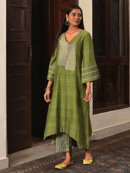 NUHH - Olive Embellished Kurta with Striped Pant (Set of 2)