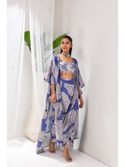 SEW - Blue Embroidered Bustier with Printed Cape and Skirt (Set of 3)