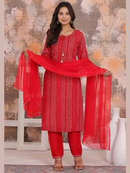 Sindh Fashion - Red Semi Cotton Printed Kurta with Pant and Dupatta (Set of 3)