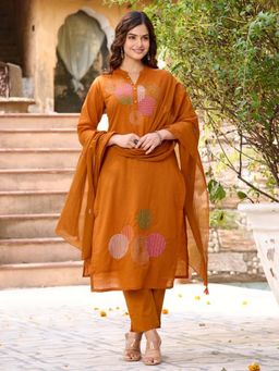 Sindh Fashion - Orange Embroidered Kurta with Pant and Dupatta (Set of 3)