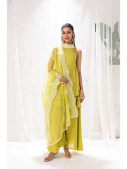 SEW - LIME ORGANZA HALTER Neck EMBROIDERED Kurti with Palazzo and Dupatta (Set of 3)