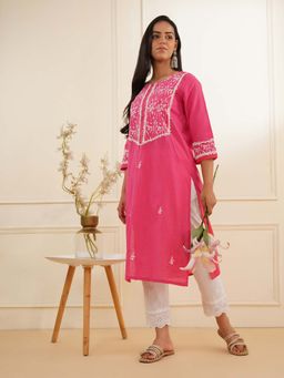Zuri - Bright Pink Embroidered Afreen Cotton Kurta and Pant (Set of 2)
