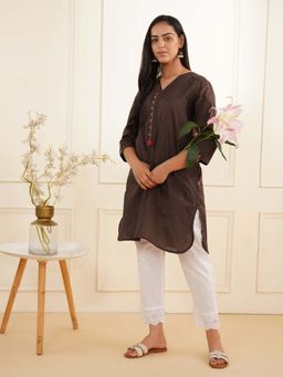 Zuri - Brown Cotton Embroidered Motifs and Dori Kurti and Pant (Set of 2)