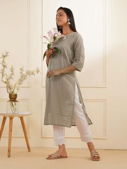 Zuri - Light Grey Full Embroidered Shifli Cotton Kurta and Pant (Set of 2)