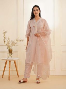 Zuri - Peach Pink Embroidered Cotton Dobby Kurta Set (Set of 3)
