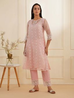 Zuri - Pink Organza Fully Embroidered Kurta Set (Set of 2)