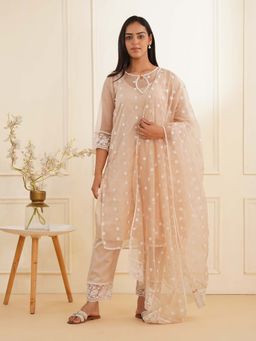 Zuri - Peach Organza Fully Embroidered Kurta Set (Set of 3)