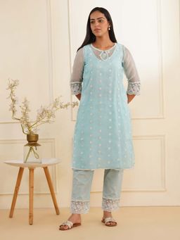 Zuri - Sky Blue Organza Fully Embroidered Kurta Set (Set of 2)