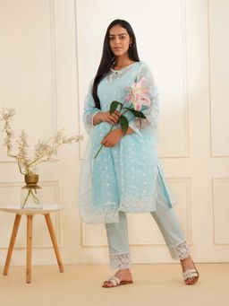 Zuri - Sky Blue Organza Fully Embroidered Kurta Set (Set of 3)