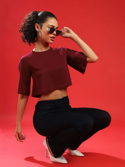 PINACOLADA - Casual Half Sleeve Solid Women Maroon Crop Top