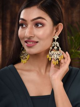 Saraf RS Jewellery - Gold Plated Yellow Kundan Studded and Beaded Modern Dangler Earrings