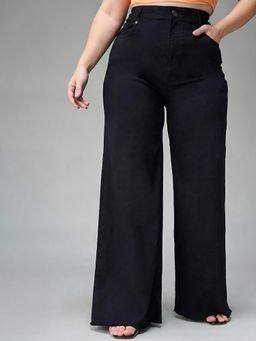 Miss Chase - A+ Women Black High Rise Regular-Length Stretchable Wide Leg Denim Jeans