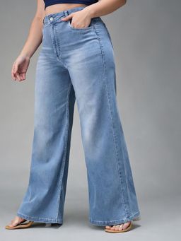 Miss Chase - A+ Women Light Blue Wide-Leg High-Rise Stretchable Shaping Denim Jeans