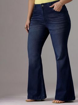 Miss Chase - A+ Women Navy Blue High-Rise Clean-Look Stretchable Bootcut Denim Jeans