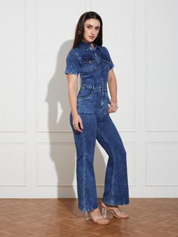 Miss Chase - Women Solid Navy Blue Denim Jumpsuit