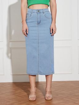 Miss Chase - Women Light Blue Straight Denim Skirt