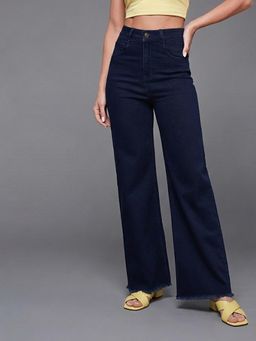 Miss Chase - Women Navy Blue Wide-Leg High-Rise Clean-Look Stretchable Denim Jeans