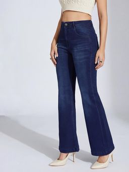 Miss Chase - Women Navy Blue High-Rise Clean-Look Stretchable Bootcut Denim Jeans