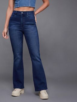 Miss Chase - Women Navy Blue High-Rise Clean-Look Stretchable Bootcut Denim Jeans