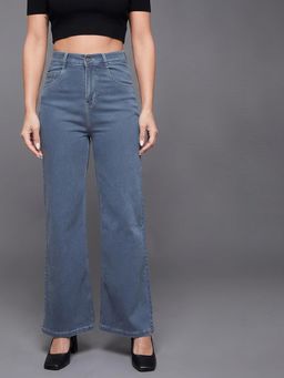 Miss Chase - Women Blue Wide-Leg High-Rise Clean Look Stretchable Denim Jeans