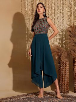 Miss Chase - Women Teal Round Neck Sleeveless Embroidered Jumpsuit