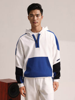 Rare Rabbit - Armo White Color Block Regular Fit Hoodie