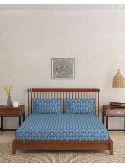 Fabindia - Blue Roshni Printed Cotton Bed Sheet with 2 Pillow Covers