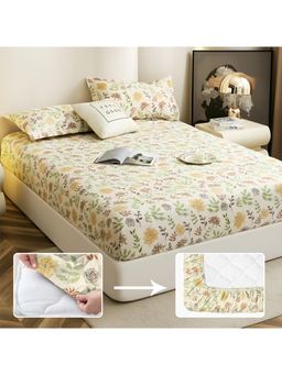Story@Home - 210 TC King Bedsheet with 2 Pillow Covers - Off White & Yellow