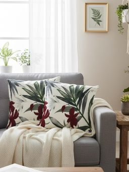 Izaafa - Elegant Maroon & Green Botanical Throw Decorative Cushion Covers (18x18 Inches) (Pack of 2)