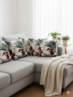 Izaafa - Elegant Maroon & Green Botanical Throw Decorative Cushion Covers (18x18 Inches) (Pack of 5)