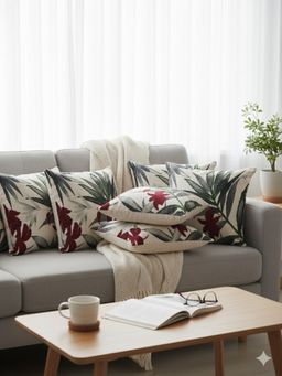 Izaafa - Elegant Maroon & Green Botanical Throw Decorative Cushion Covers (18x18 Inches) (Pack of 6)