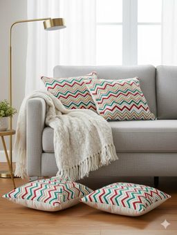 Izaafa - Embroidered Chevron Throw Decorative Cushion Covers (18x18 Inches) (Pack of 4)