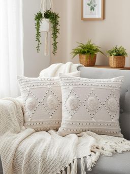 Izaafa - Bohemian Tufted Cotton Throw Decorative Cushion Covers (18x18 Inches) (Pack of 2)