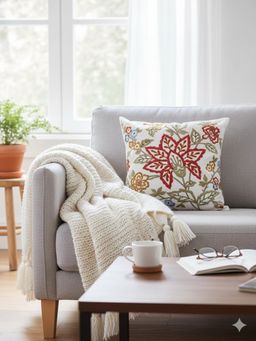 Izaafa - Rich Embroidered Floral Throw Decorative Cushion Cover (18x18 Inches)