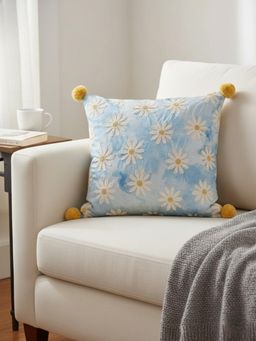 Izaafa - Whimsical Daisy Embroidered Throw Decorative Cushion Cover (18x18 Inches)