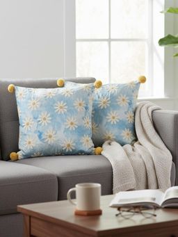 Izaafa - Whimsical Daisy Embroidered Throw Decorative Cushion Covers (18x18 Inches) (Pack of 2)