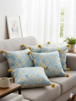 Izaafa - Whimsical Daisy Embroidered Throw Decorative Cushion Covers (18x18 Inches) (Pack of 5)