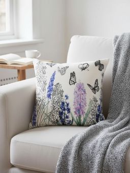 Izaafa - Hand-Sketched Floral & Butterfly Throw Decorative Cushion Cover (18x18 Inches)