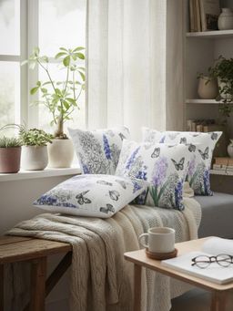 Izaafa - Hand-Sketched Floral & Butterfly Throw Decorative Cushion Covers (18x18 Inches) (Pack of 4)