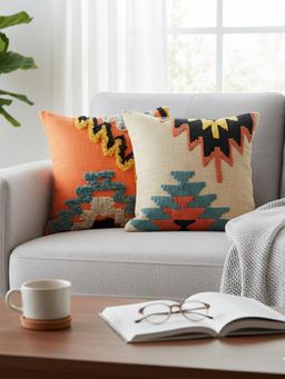 Izaafa - Bohemian Tufted Geometric Throw Decorative Cushion Covers (18x18 Inches) (Pack of 2)